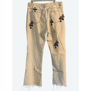 WomenLeopard Patchwork Jeans 36‎ X 29 Cream Brown Raw Hem Grunge Punk Streetwear